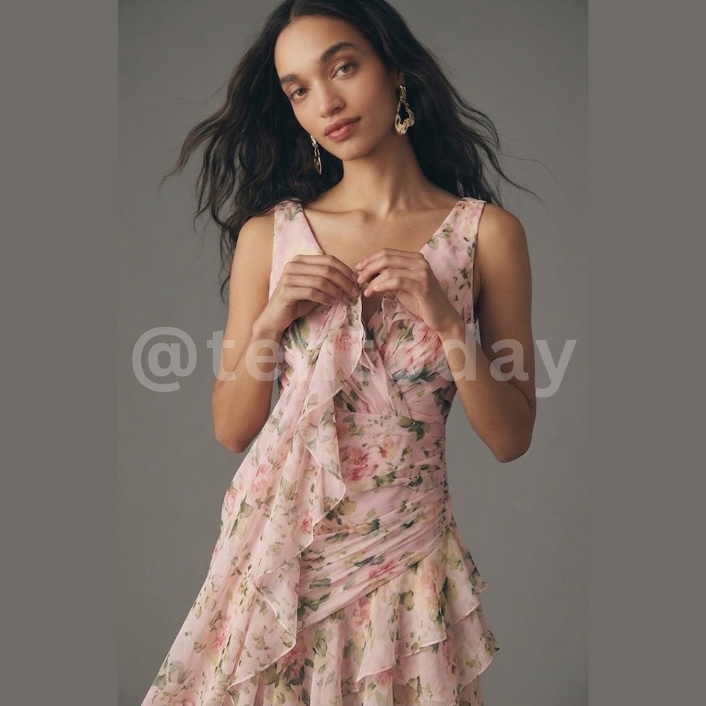 $398 Mac Duggal Size 10 Light Pink Floral Ruched Ruffle High Low Long Gown Dress